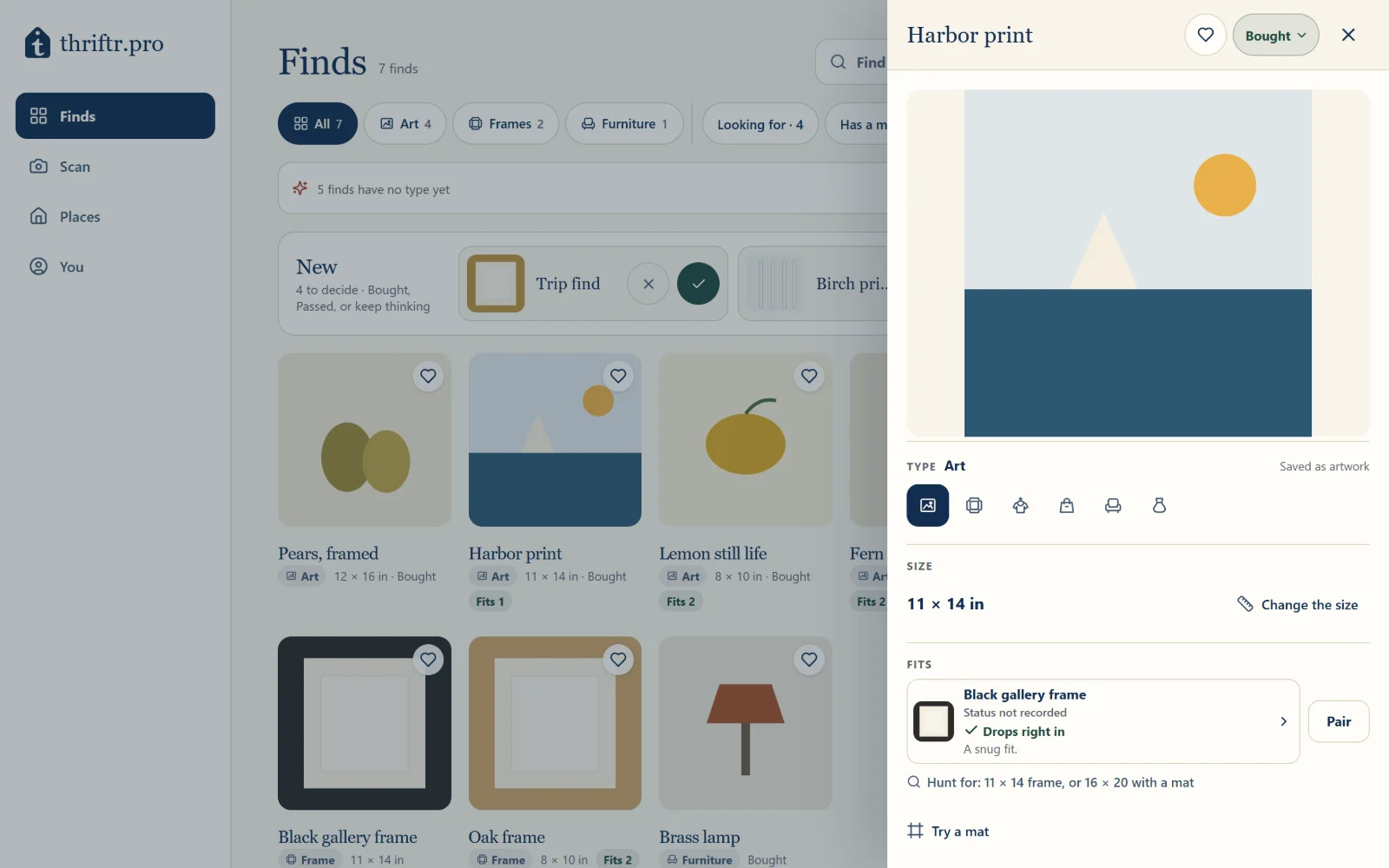 Finds on a computer: art, frames and a brass lamp in a grid, with Harbor print open beside it showing its type, size and the frame it fits
