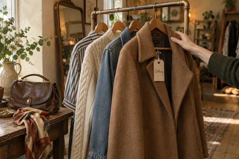 A camel wool coat tagged Clothing on a brass rail, beside a striped shirt, a cream cable knit and a denim jacket